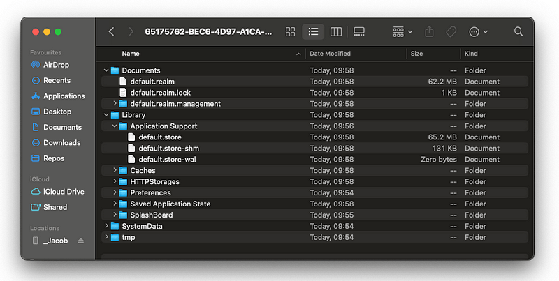 The file system in the RealmVsSwiftData app with 100,000 Student objects stored