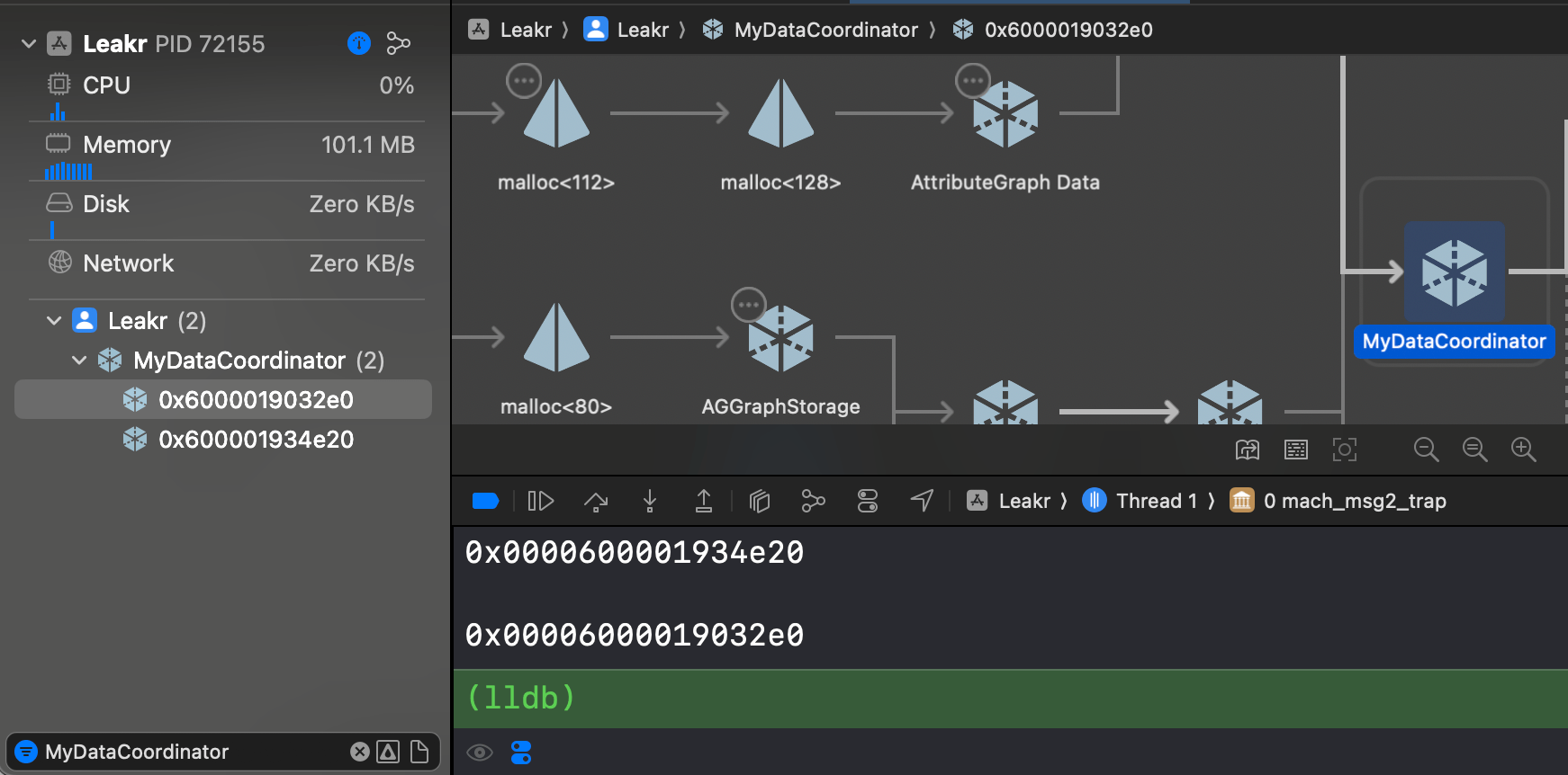 2 instances in the memory graph debugger