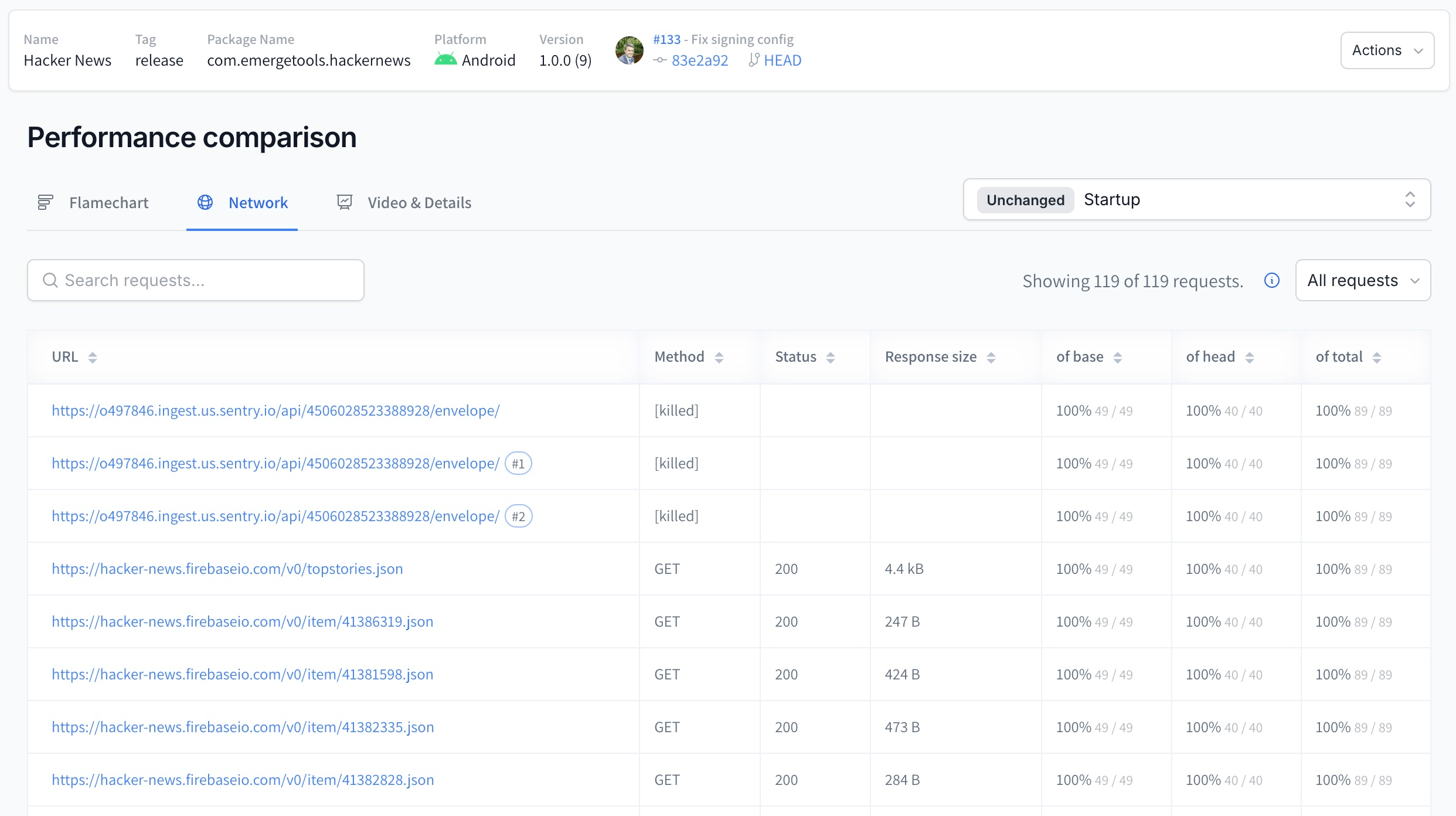 Screenshot of new perf analysis network UI